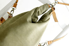 Load image into Gallery viewer, Cleo CONVERTIBLE BACKPACK, leather backpack, made of  italian Suede leather, Olive color.
