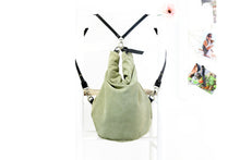 Load image into Gallery viewer, Cleo CONVERTIBLE BACKPACK, leather backpack, made of  italian Suede leather, Olive & black color.