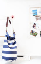 Load image into Gallery viewer, Cleo CONVERTIBLE BACKPACK in bag, canvas and leather backpack, Striped Blue color.