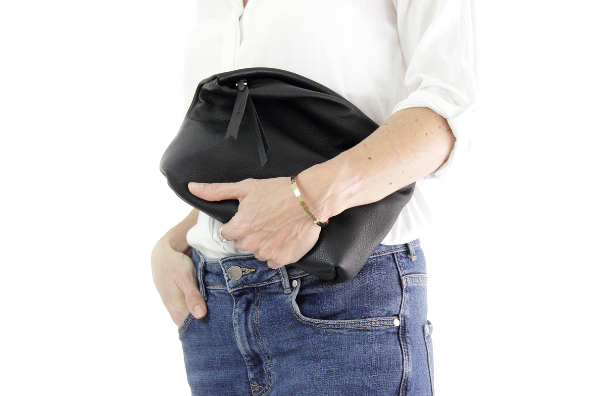 Black leather clutch bag or make-up pouch - AGUR clutch 