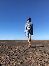 Load image into Gallery viewer, Cleo CONVERTIBLE BACKPACK in bag, canvas and leather backpack, Striped Blue color.