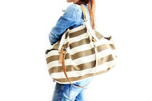 Load image into Gallery viewer, Weekend BAG, canvas and leather bag, striped brown. Personalized with name.