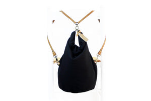 Cleo CONVERTIBLE BACKPACK in bag, canvas and leather backpack, Black color.