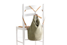 Load image into Gallery viewer, Cleo CONVERTIBLE BACKPACK, leather backpack, made of  italian Suede leather, Olive color.