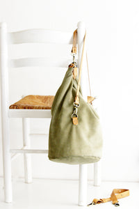 Cleo CONVERTIBLE BACKPACK, leather backpack, made of  italian Suede leather, Olive color.