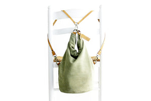Cleo CONVERTIBLE BACKPACK, leather backpack, made of  italian Suede leather, Olive color.