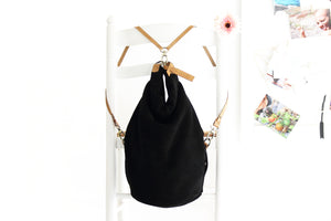 Cleo CONVERTIBLE BACKPACK, leather backpack, made of  italian Suede leather, Black color.