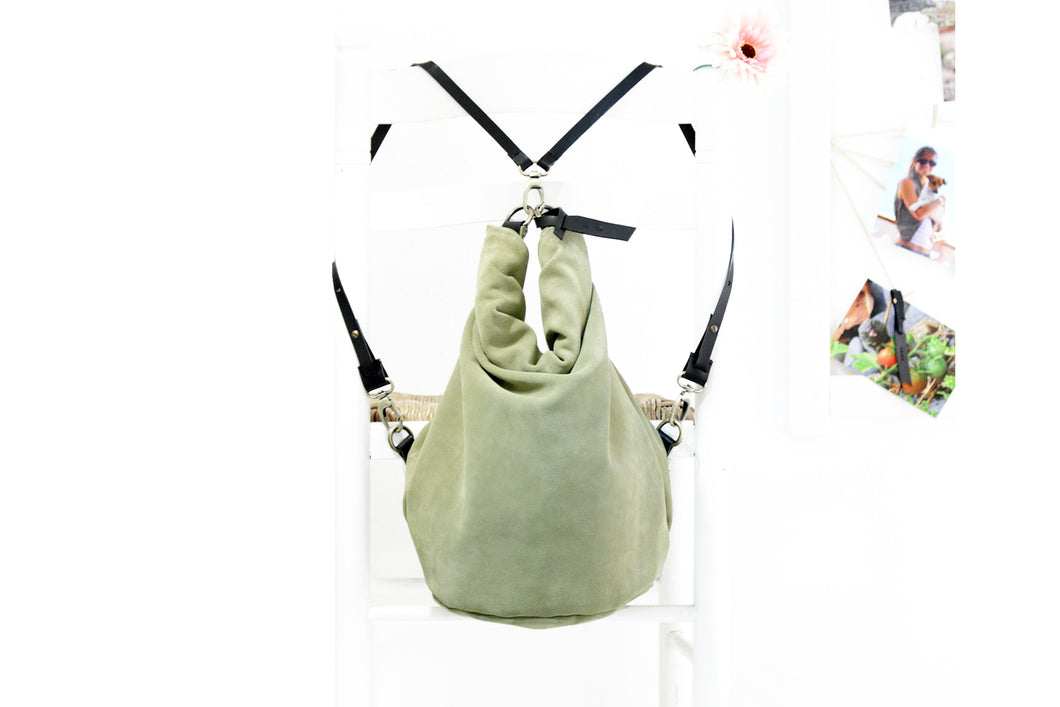 Cleo CONVERTIBLE BACKPACK, leather backpack, made of  italian Suede leather, Olive & black color.