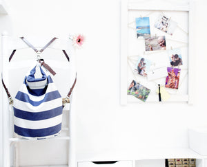 Cleo CONVERTIBLE BACKPACK in bag, canvas and leather backpack, Striped Blue color.