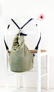Cleo CONVERTIBLE BACKPACK, leather backpack, made of  italian Suede leather, Olive & black color.