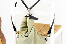 Load image into Gallery viewer, Cleo CONVERTIBLE BACKPACK, leather backpack, made of  italian Suede leather, Olive &amp; black color.