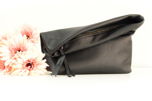Black leather clutch bag or make-up pouch - AGUR clutch personalized with your name
