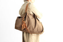 Load image into Gallery viewer, Canvas and leather shoulder bag, made of WATER RESISTANT fabric brown and leather. Susy shoulder bag