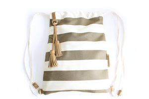 Vale BACKPACK, canvas and leather backpack, striped brown. Personalized with your initials.