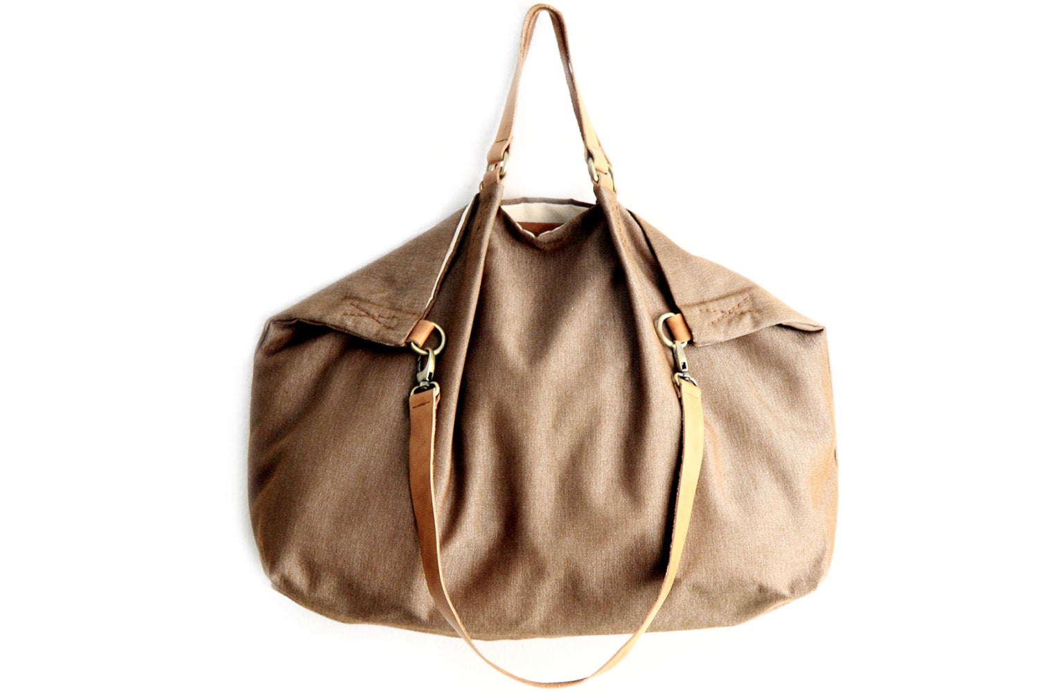 Weekend bag canvas and leather shoulder bag, brown. Personalized