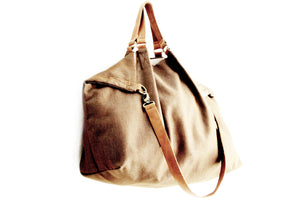 Weekend bag canvas and leather shoulder bag, brown. Personalized bag with name