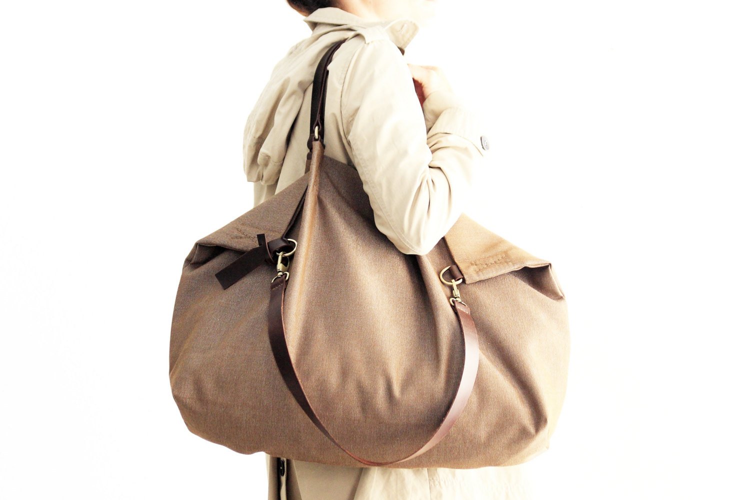 Weekend bag canvas and leather shoulder bag, brown. Personalized