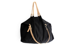 Weekend bag canvas and leather shoulder bag, black. Personalized bag with name