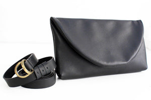 Waist bag, belt bag or Clutch, made of very soft leather, black. Waist bag