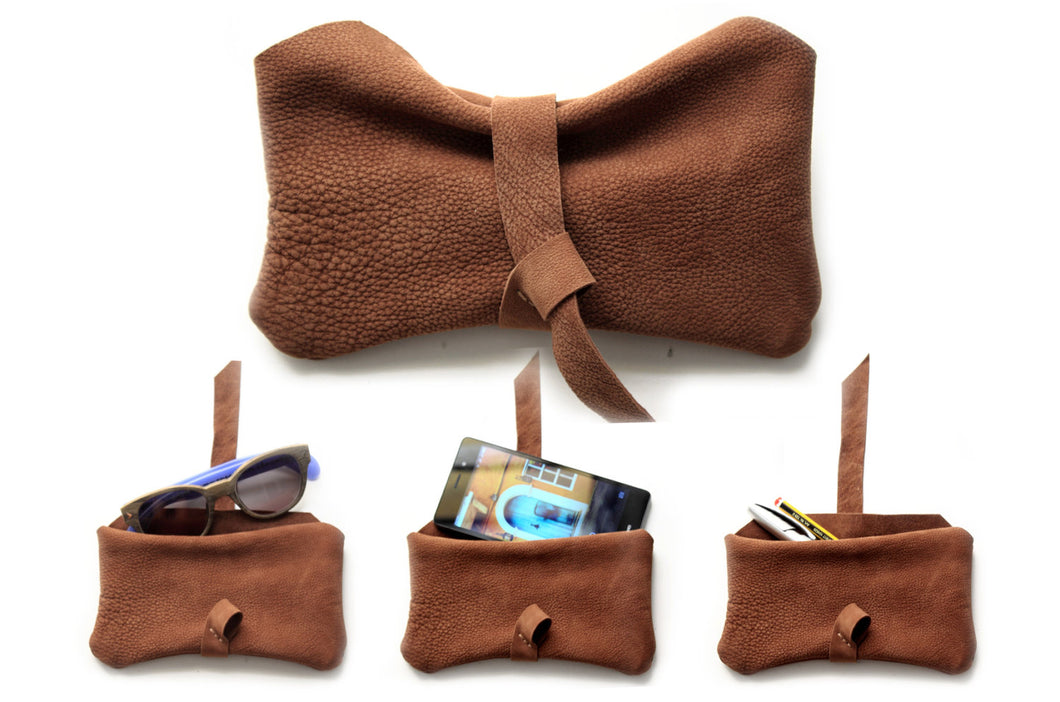 Camy pouch, Phone case, Little pouch, eyeglasses holder, pencil case made of italian leather, brown